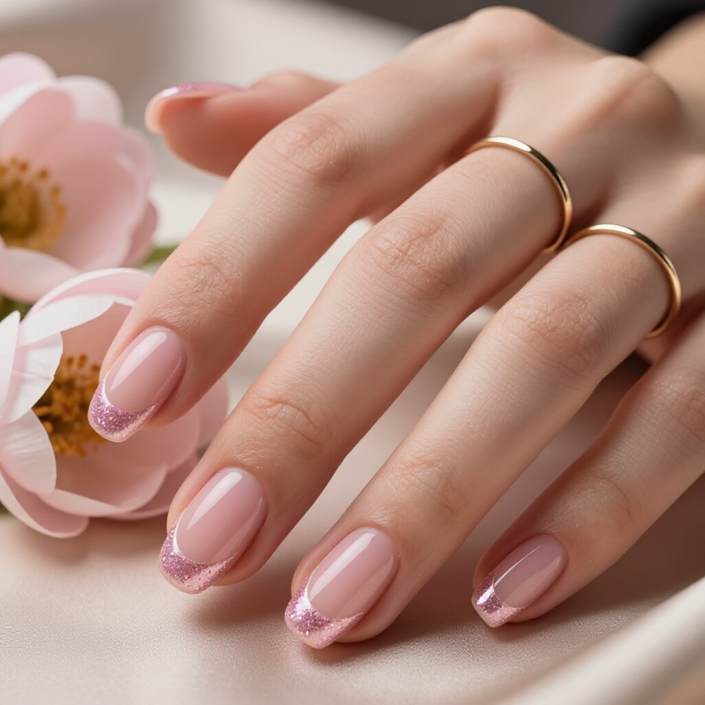 Pale Pink with Delicate Rose Gold Glitter Accents on Cuticle Line - pink short classy glitter nails Pale Pink with Delicate Rose Gold Glitter Accents on Cuticle Line - pink short classy glitter nails