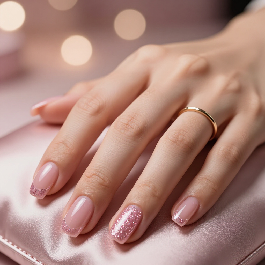 Ombre Pink with Dazzling Silver Glitter Tips for a Modern Twist - pink short simple glitter nails
