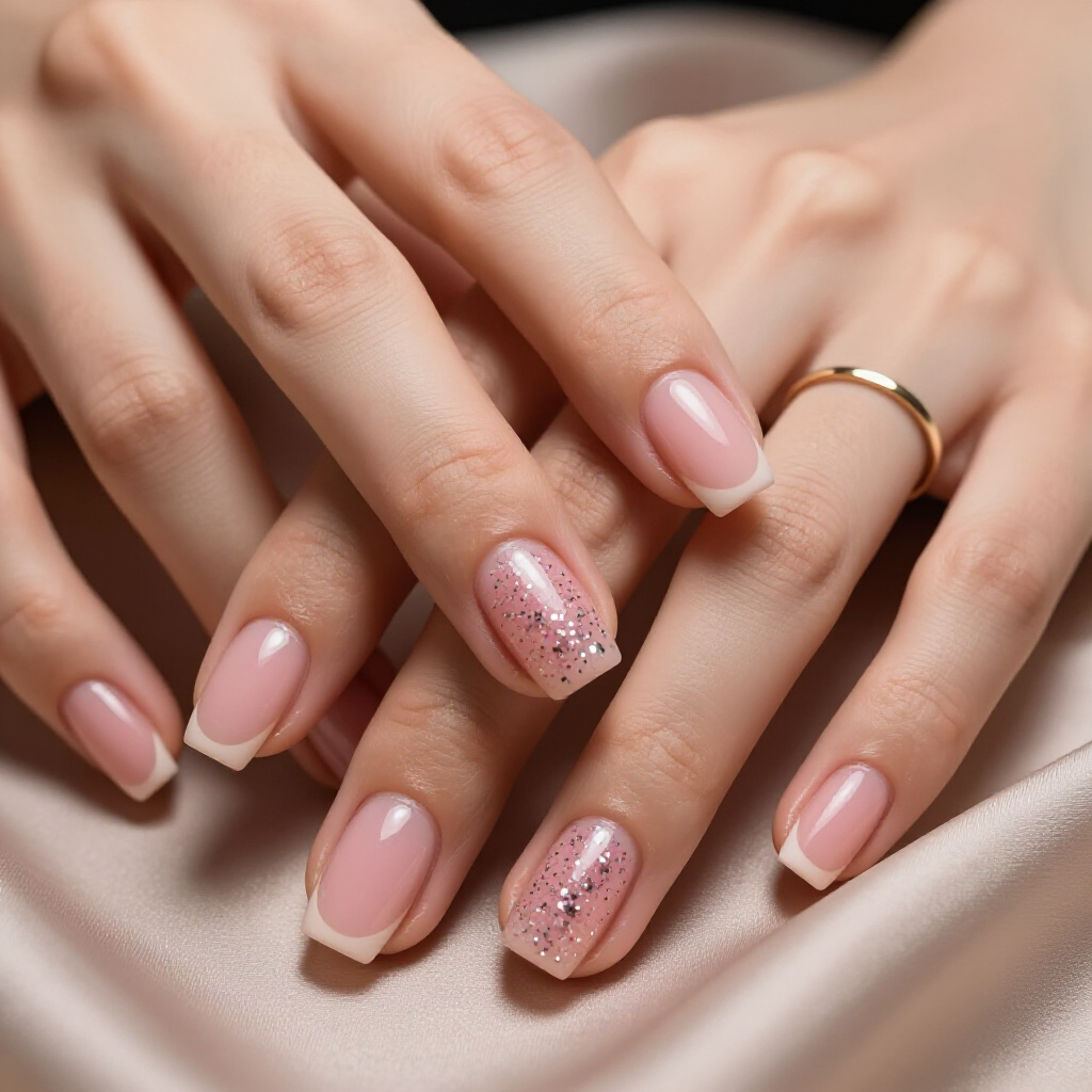 Soft Rose Pink with Subtle Micro-Glitter All-Over Shimmer - pink short simple glitter nails