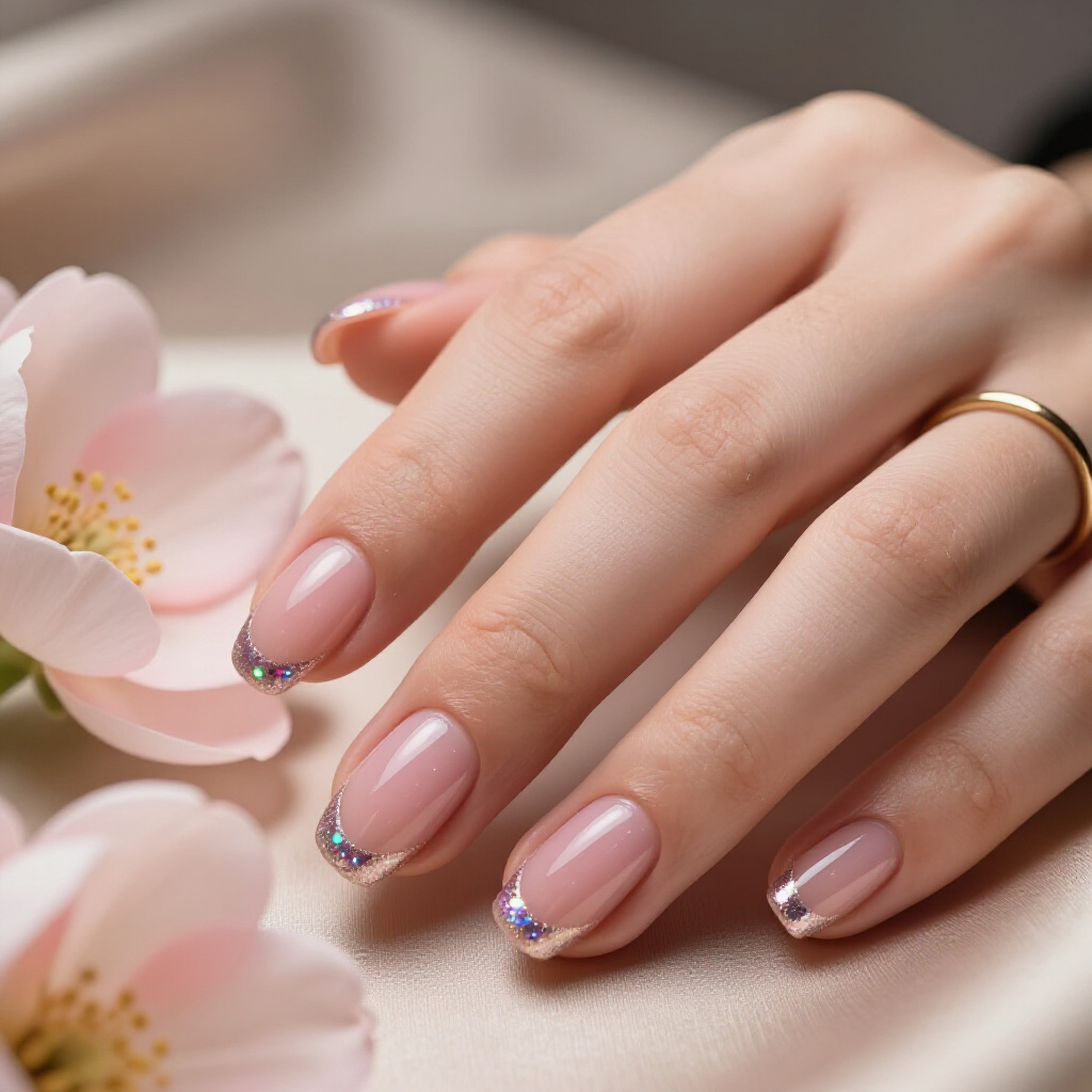 Pastel Pink with Fine Gold Glitter Dusting on Every Nail - pink short simple glitter nails