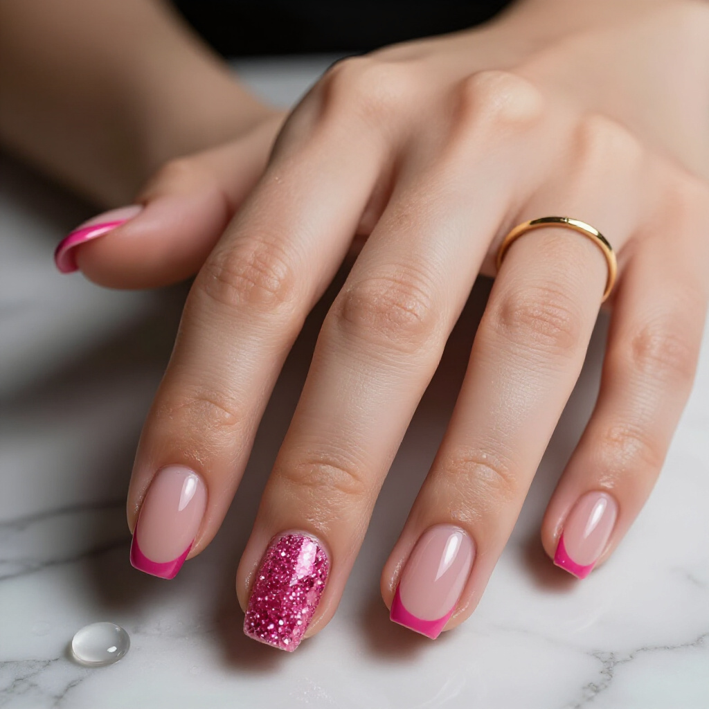Sheer Pink Base with Delicate White Glitter Overlay - pink short simple glitter nails