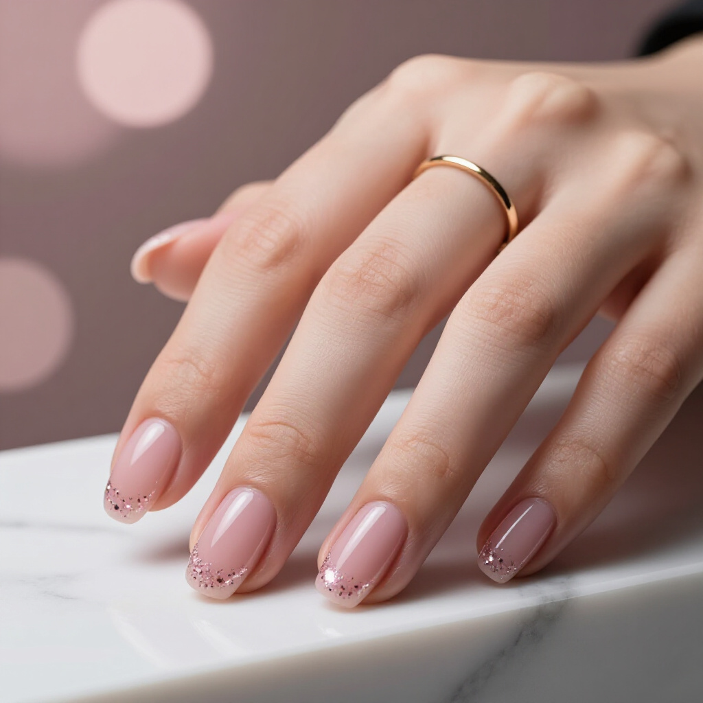 French Tip Pink with Rose Gold Glitter Instead of White - pink short simple glitter nails