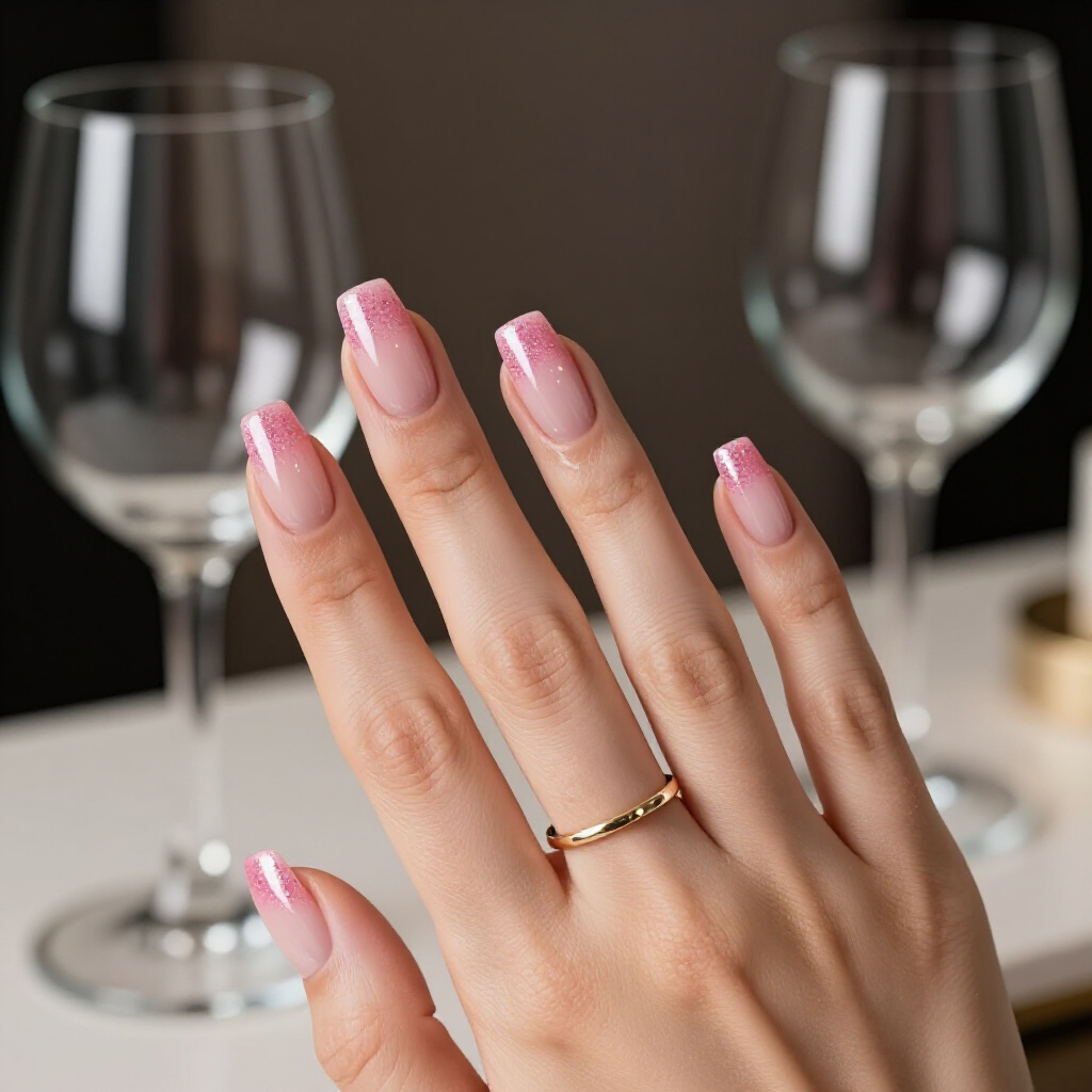 Dusty Rose Pink with Metallic Rose Gold Glitter Gradient - pink short simple glitter nails