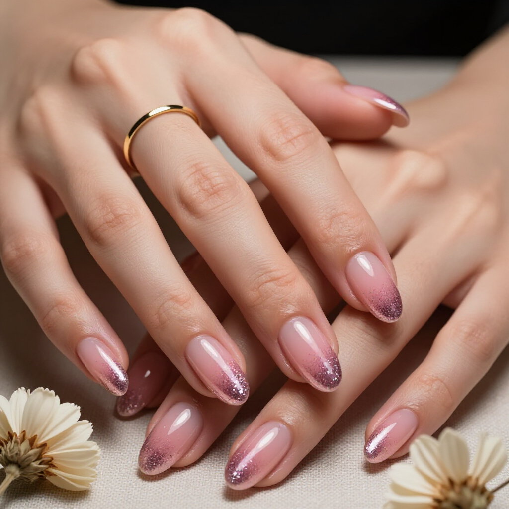Soft Rose Gold Glitter Ombre on Short Almond Nails for a Romantic Touch - pink short cute glitter nails