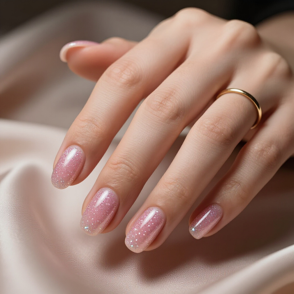 Pastel Pink Cloud Nails with Scattered Diamond Glitter for Dreamy Charm - pink short cute glitter nails
