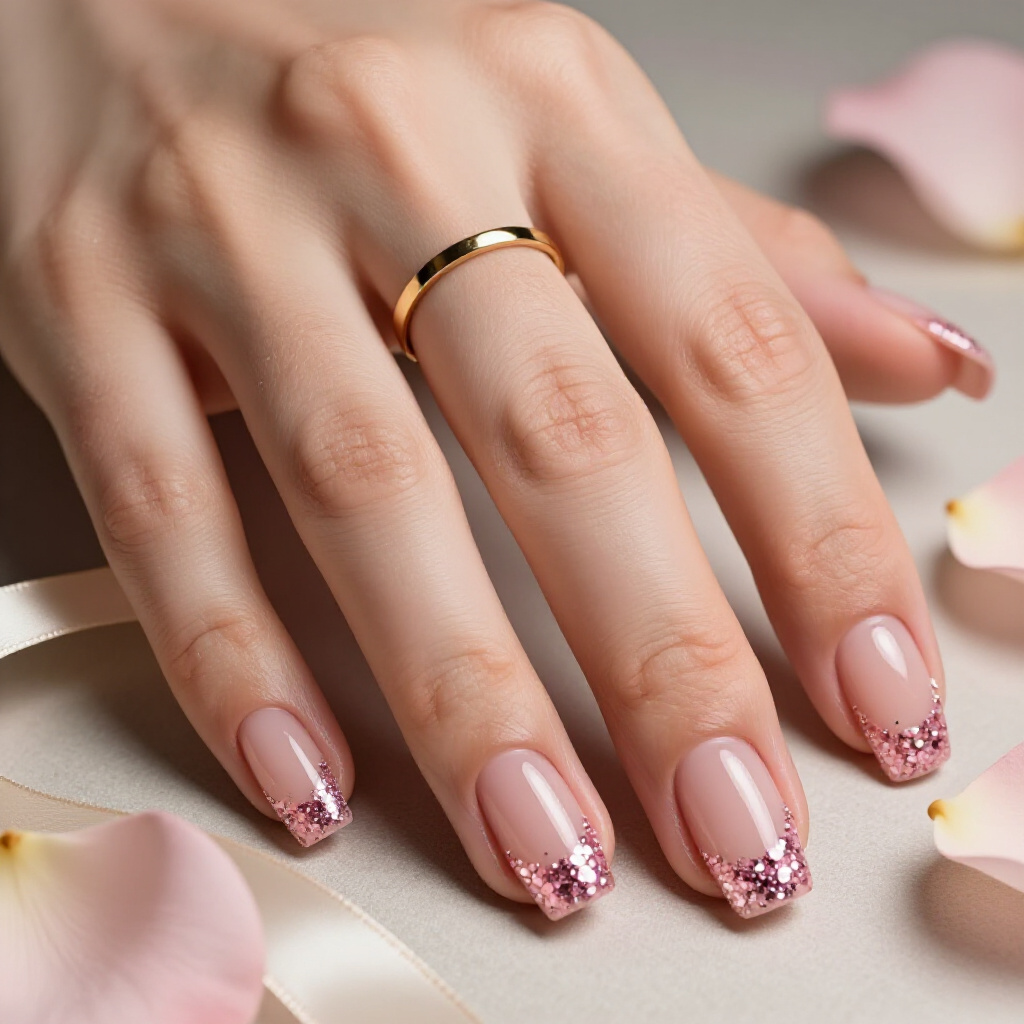 Hot Pink Glitter French Tips on Short Square Nails for a Bold Statement - pink short cute glitter nails