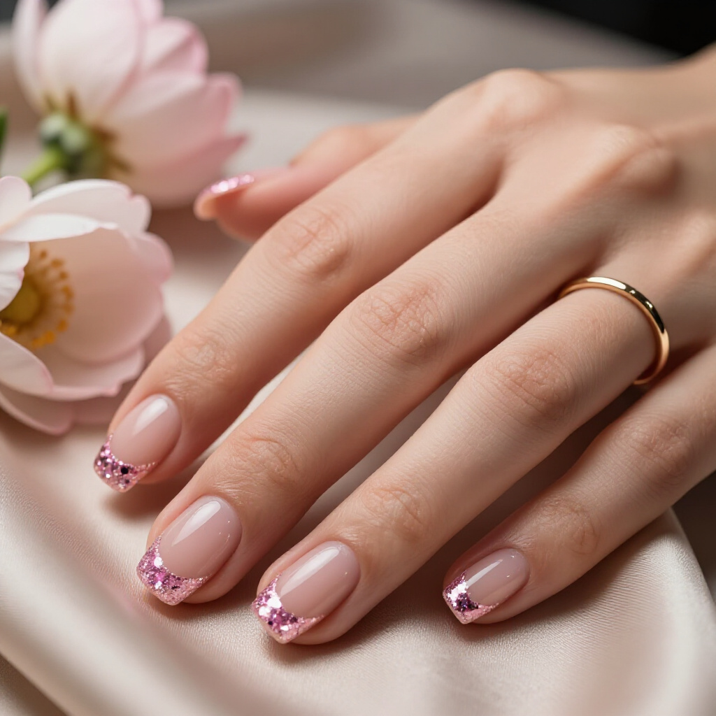 Baby Pink with White Glitter Marbling Effect for a Delicate Artistic Flair - pink short cute glitter nails