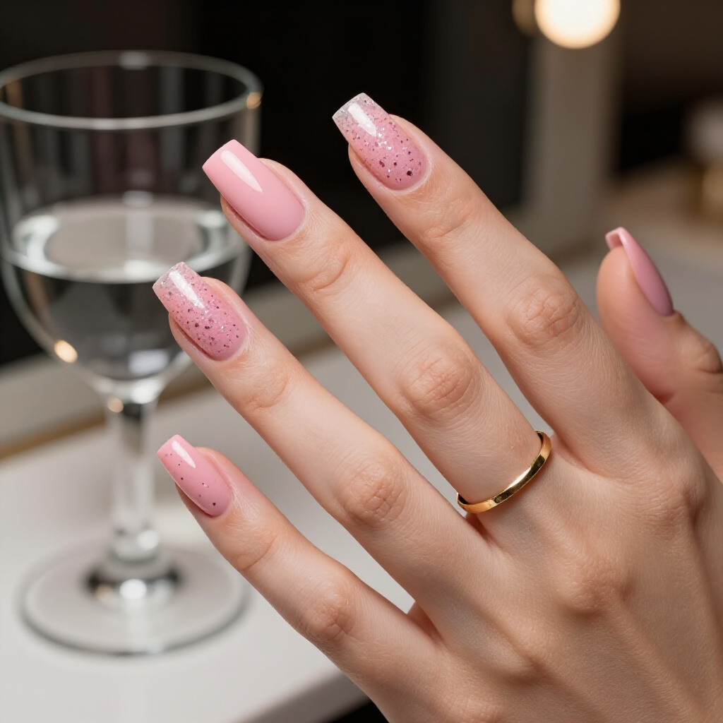 Kawaii Pink Gradient with Tiny Sparkling Heart Glitter Accents - pink short cute glitter nails