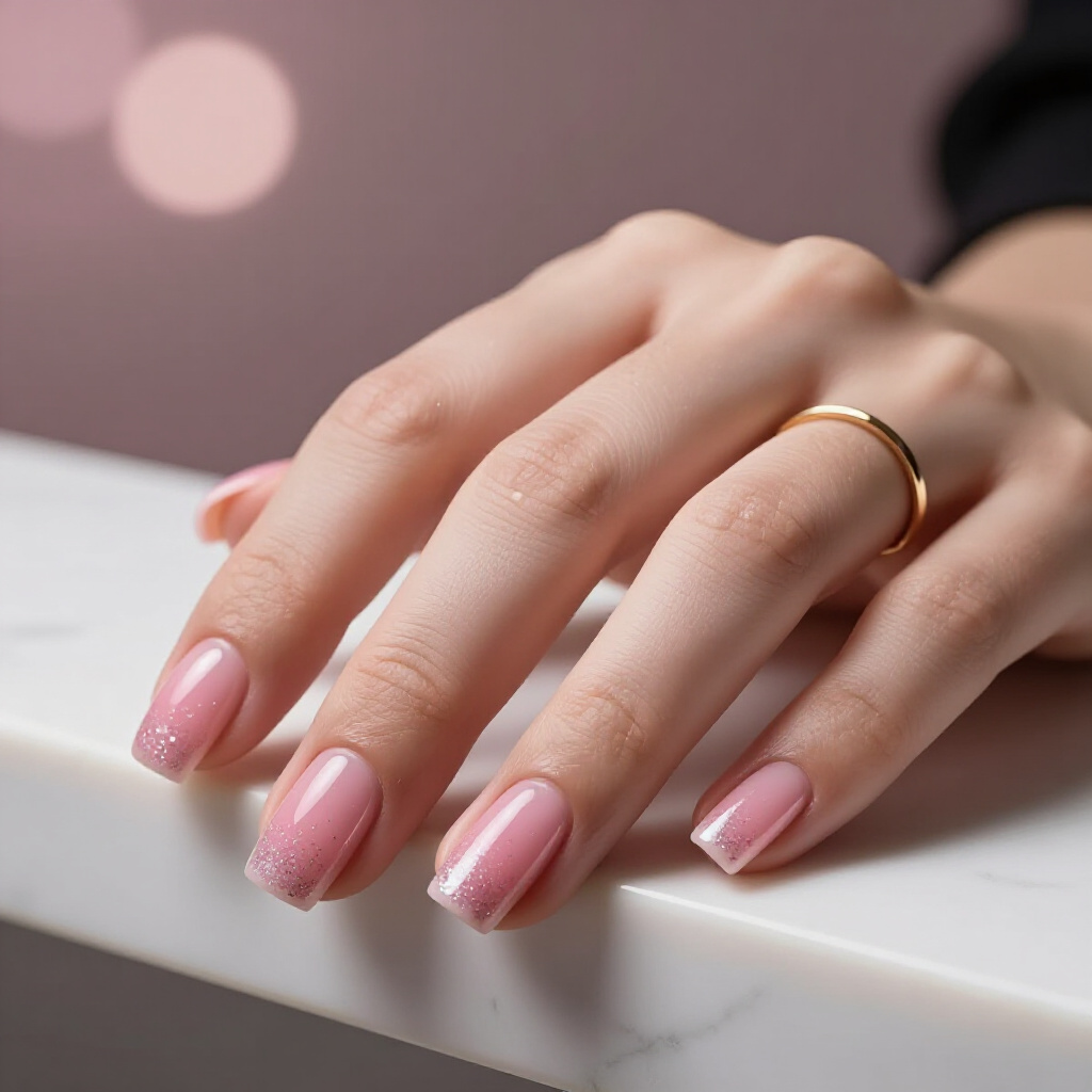 Delicate Rose Gold Glitter Dusting on Ballet Slipper Pink - pink short cute glitter nails