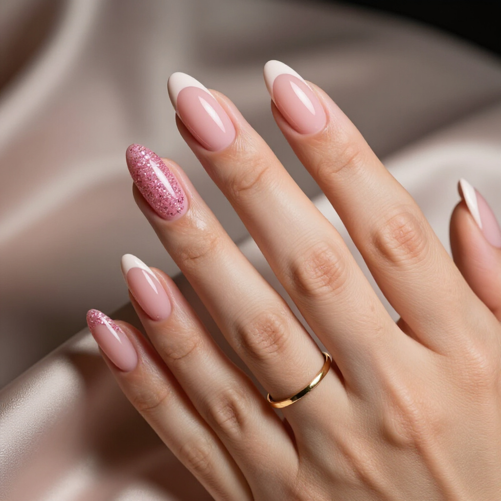 Pastel Pink French Tips with a Touch of Fine Glitter Ombre - pink short cute glitter nails