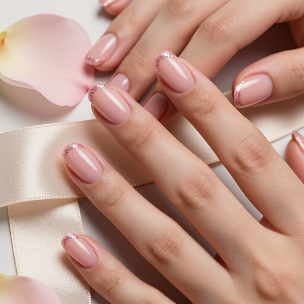 Gummy Bear Pink with Scattered Rhinestone and Glitter Accents - pink short cute glitter nails