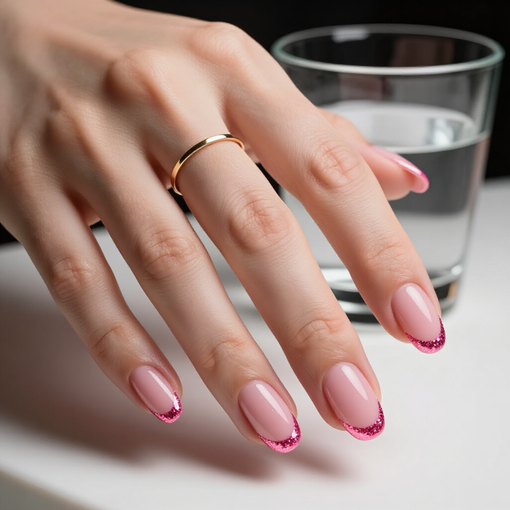 Sheer Pink with Holographic Glitter Flakes for a Subtle Shimmer - pink short cute glitter nails