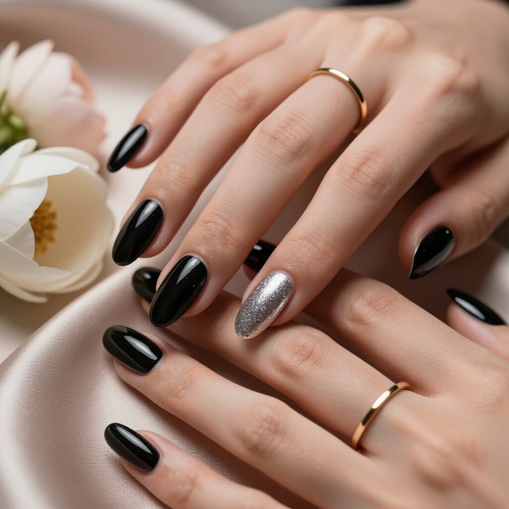 Subtle Sparkle Ombre: Gradual Glamour on Almond-Shaped Nails - black almond glitter nails Subtle Sparkle Ombre: Gradual Glamour on Almond-Shaped Nails - black almond glitter nails