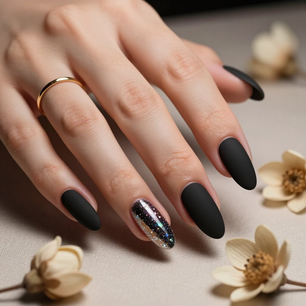 Bold Chrome Accents on Matte Black Almond Glitter Nails - black almond glitter nails Bold Chrome Accents on Matte Black Almond Glitter Nails - black almond glitter nails