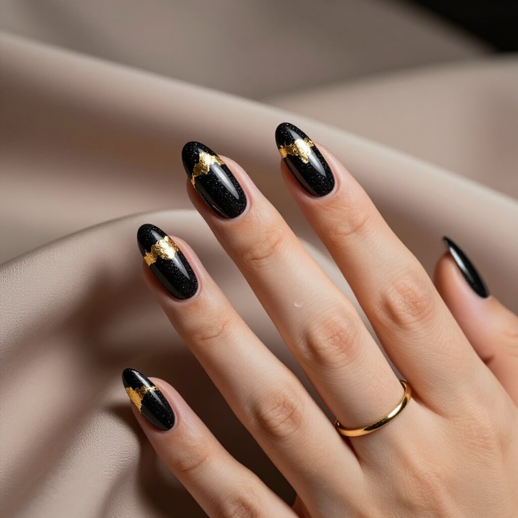 Minimalist Black Almond Glitter with Single Accent Nail - black almond glitter nails Minimalist Black Almond Glitter with Single Accent Nail - black almond glitter nails