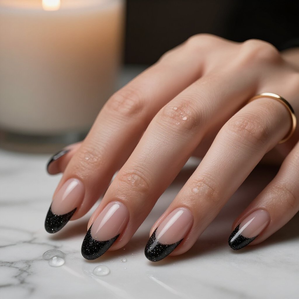 Vibrant Jewel-Toned Glitter Blends on Black Almond Nails - black almond glitter nails Vibrant Jewel-Toned Glitter Blends on Black Almond Nails - black almond glitter nails