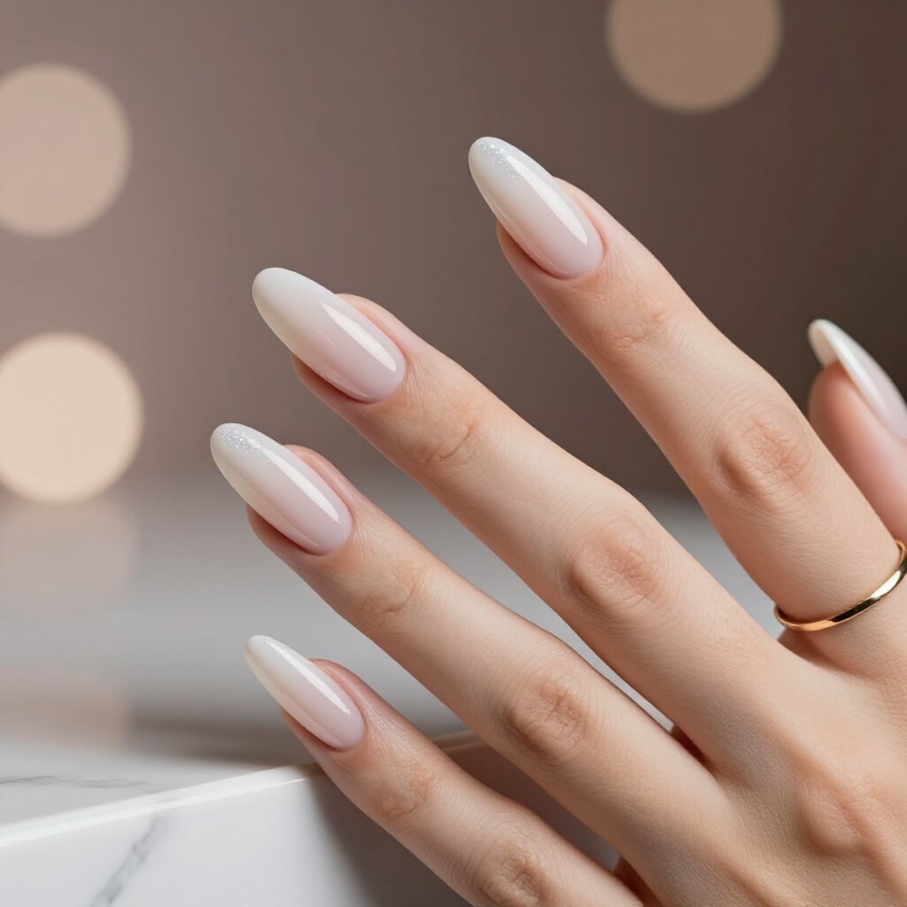 Iridescent White Almond Nails with Holographic Glitter Accents for a Futuristic Vibe - white almond glitter nails