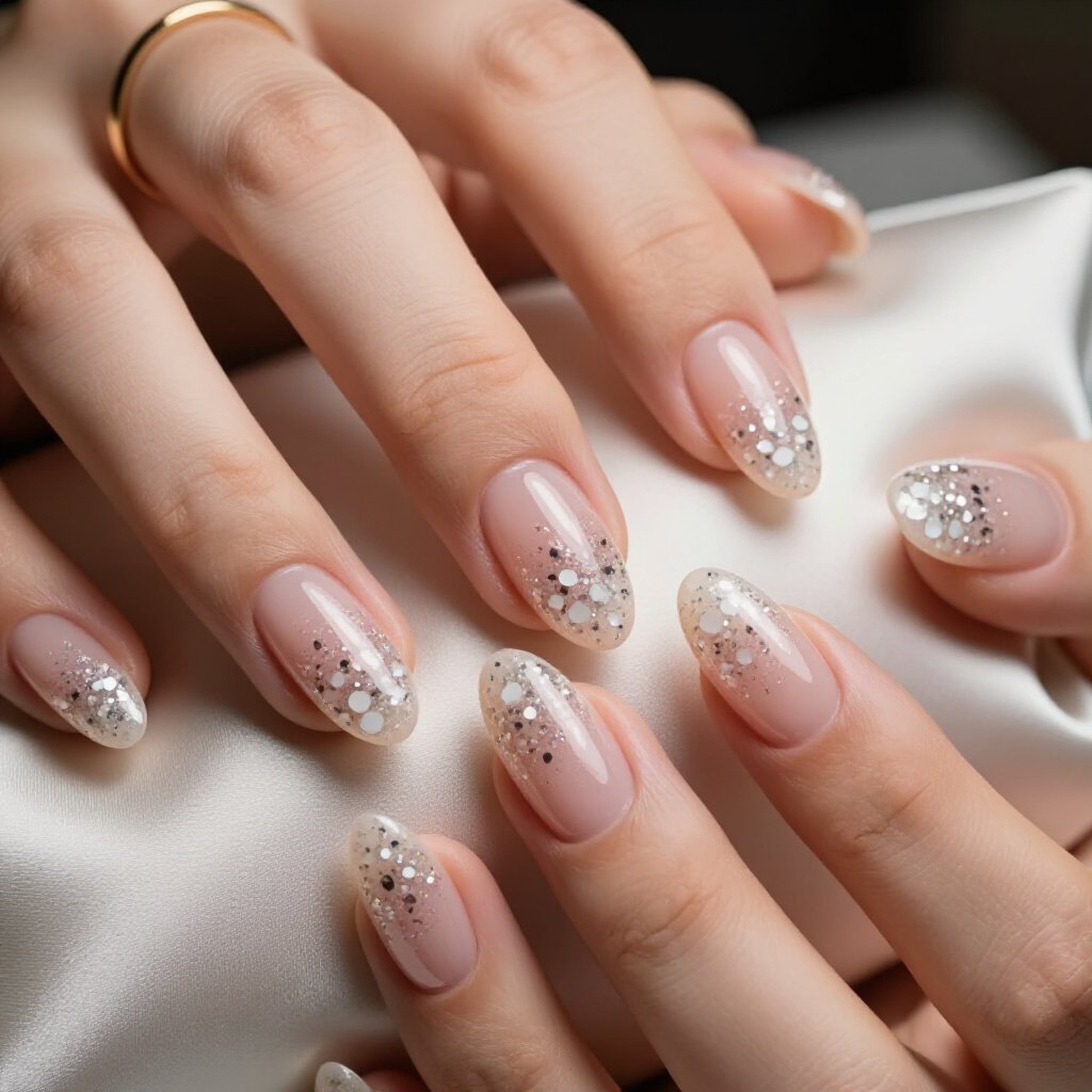 Classic White Almond Nails with Delicate Silver Glitter Ombre for Subtle Sparkle - white almond glitter nails