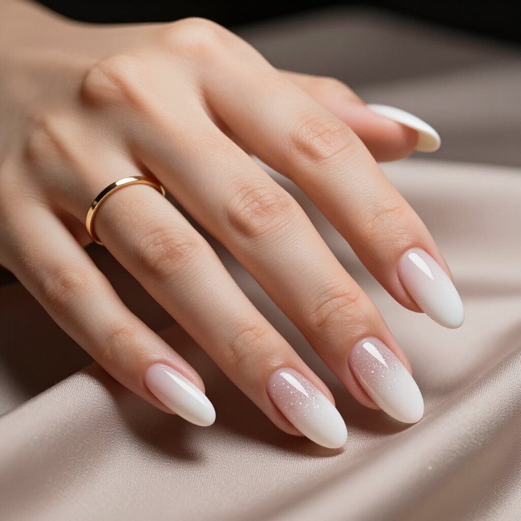 Pearl White Almond Nails with Champagne Gold Glitter for a Luxurious Touch - white almond glitter nails