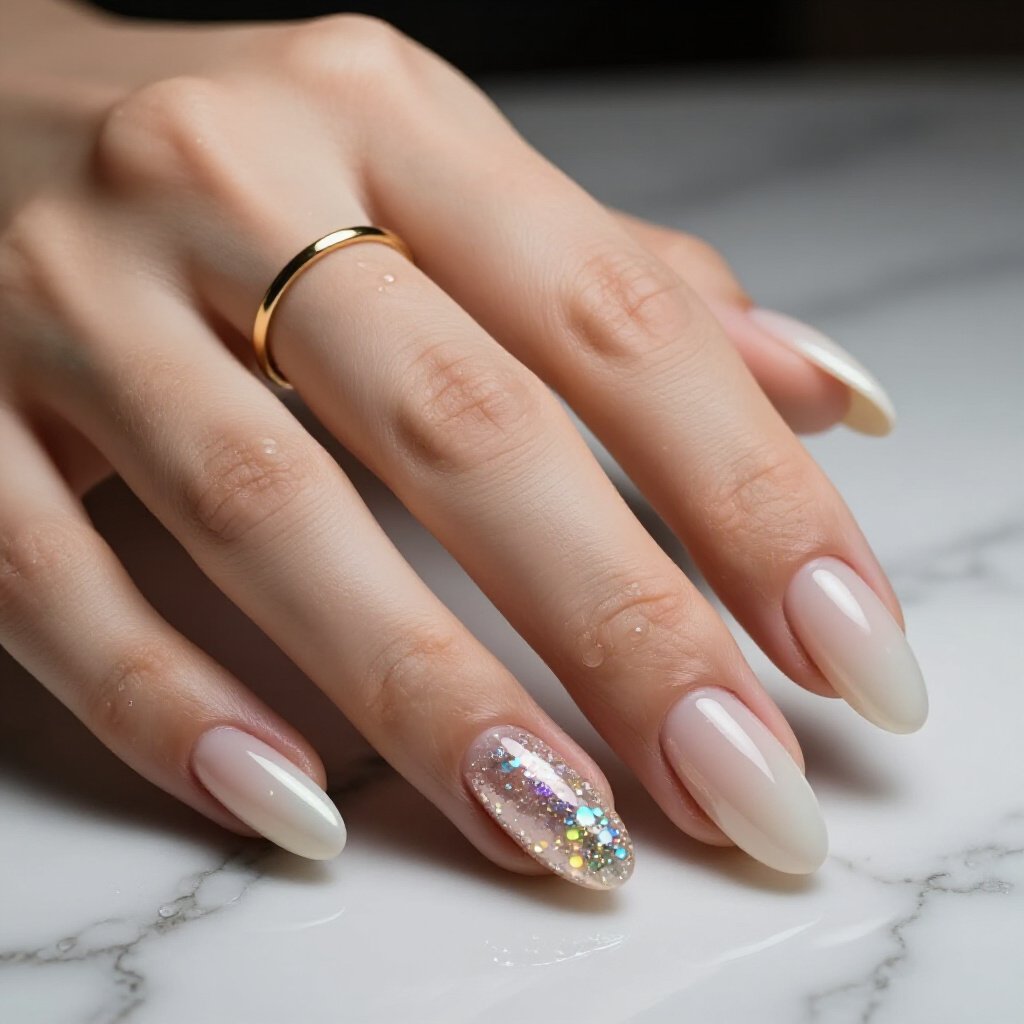 Milky White Almond Nails with Micro Silver Glitter for a Clean, Modern Aesthetic - white almond glitter nails