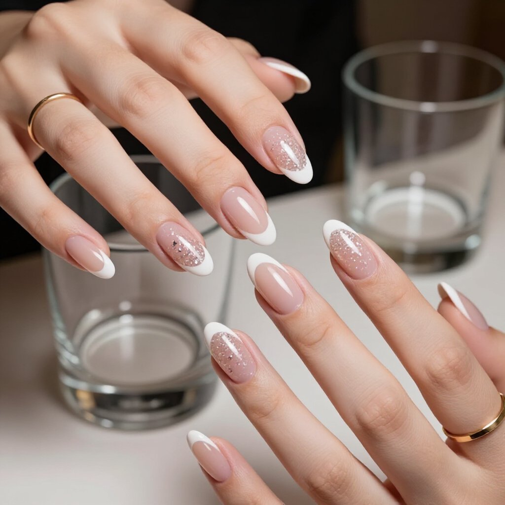 Soft Blush White Almond Nails with Rose Gold Glitter for a Romantic Appeal - white almond glitter nails