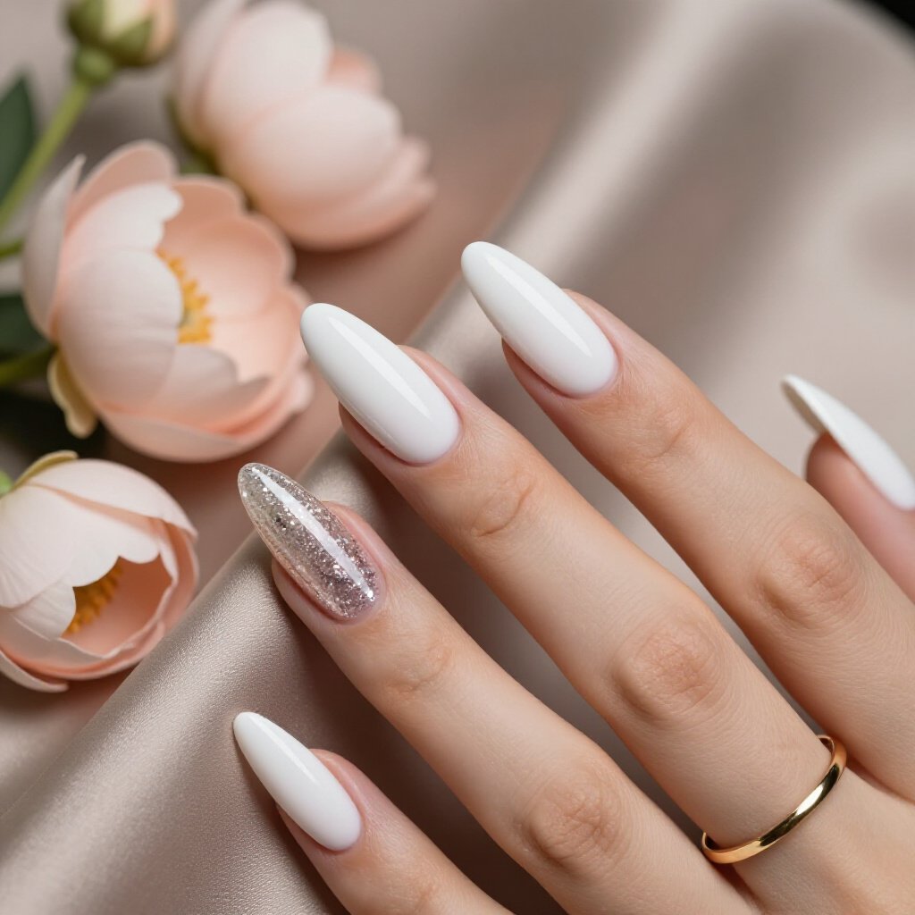 Best White Almond Glitter Shades for Every Season - white almond glitter nails