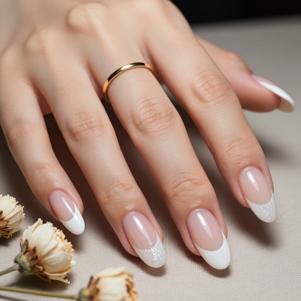 Matte White Almond Nails with Subtle Silver Glitter Flecks for Textured Sophistication - white almond glitter nails