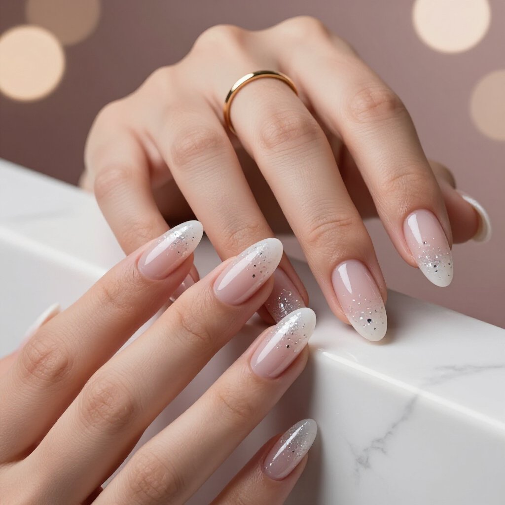 How to Make Your White Almond Glitter Manicure Last Longer - white almond glitter nails