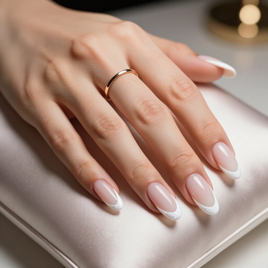French Tip White Almond Nails with Glitter Sparkle for a Modern Classic - white almond glitter nails