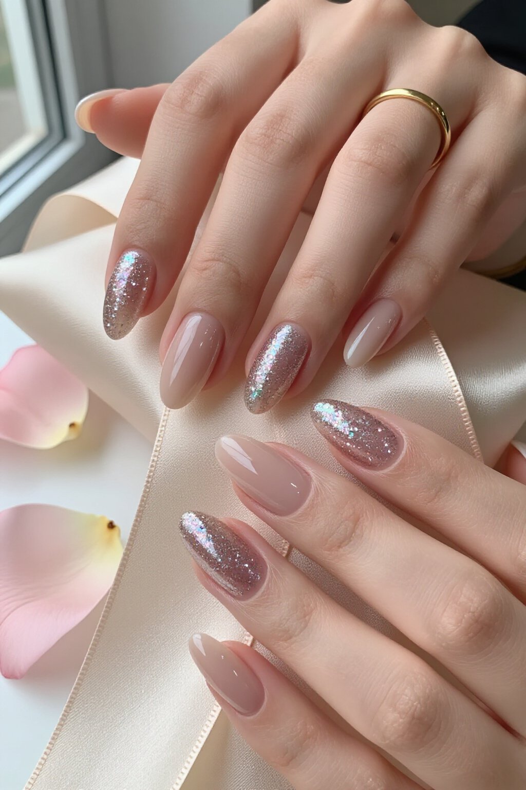 Liquid Mirror Nude Almond Glitter Nails: Pure High-Shine Gloss - nude almond glitter nails