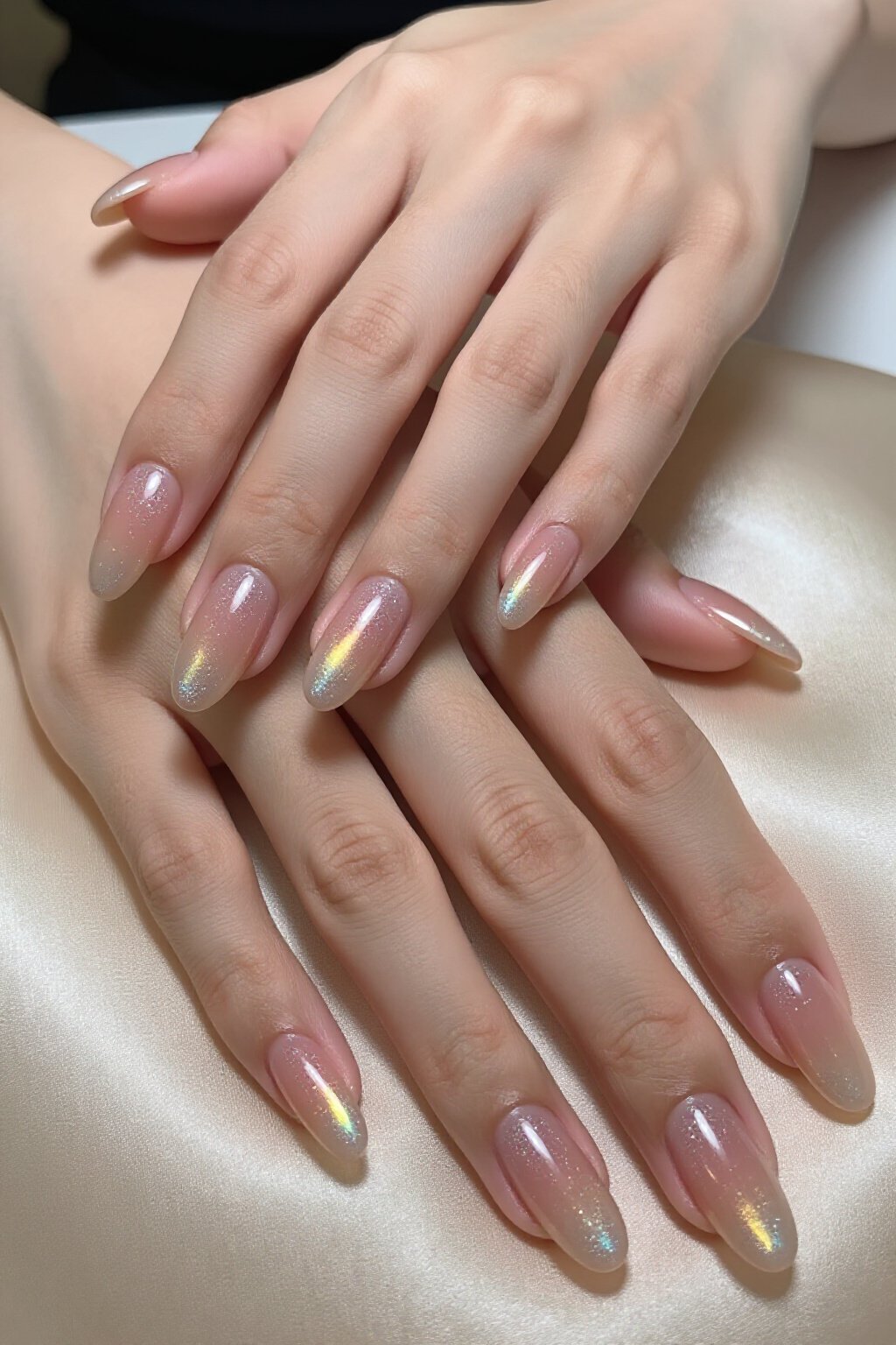 Airbrushed Aura Nude Almond Glitter Nails: Soft Gradual Glow - nude almond glitter nails