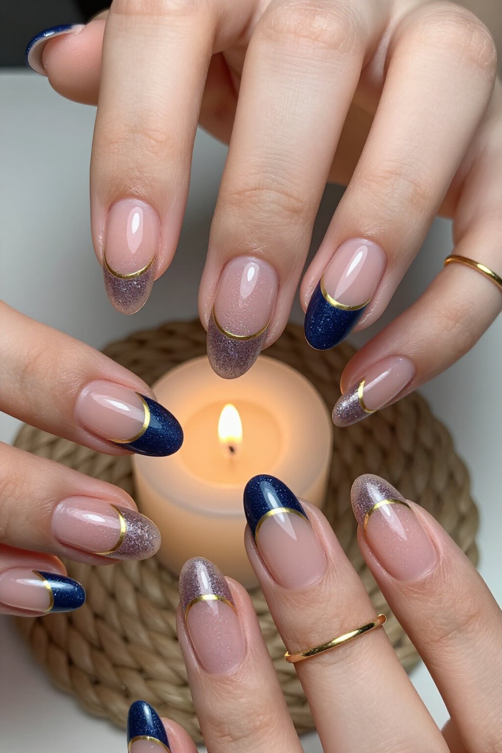 Diagonal Color-Block Nude Almond Glitter Nails with Gold Line - nude almond glitter nails