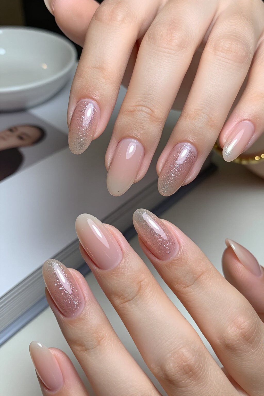 Elegant Half-Moon Nude Almond Glitter Nails: Bare Cuticle Chic - nude almond glitter nails