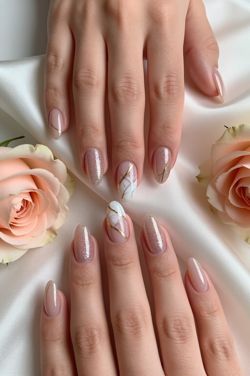 Rich Marble Veining Nude Almond Glitter Nails in Gold - nude almond glitter nails