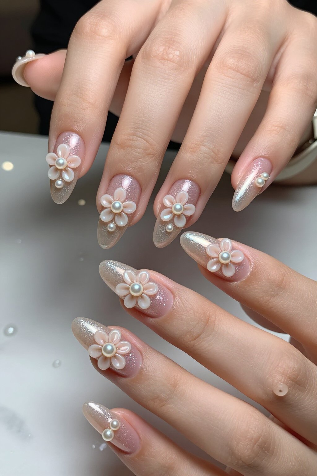 Sculpted 3D Flowers & Pearls on Nude Almond Glitter Nails - nude almond glitter nails