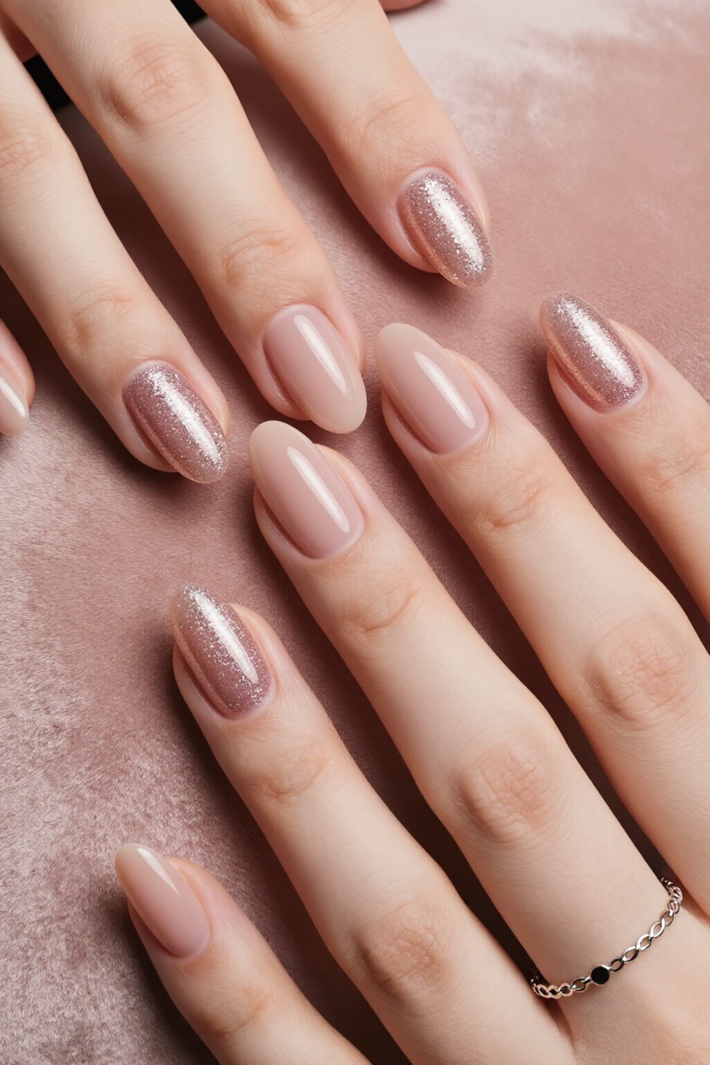 Velvet Matte Nude Almond Glitter Nails: Glossy Accent - nude almond glitter nails
