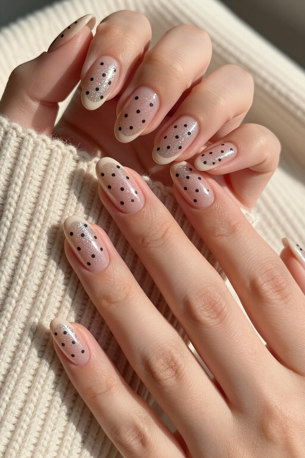 Milky Nude Almond Glitter Nails with Hand-Painted Polka Dots - nude almond glitter nails