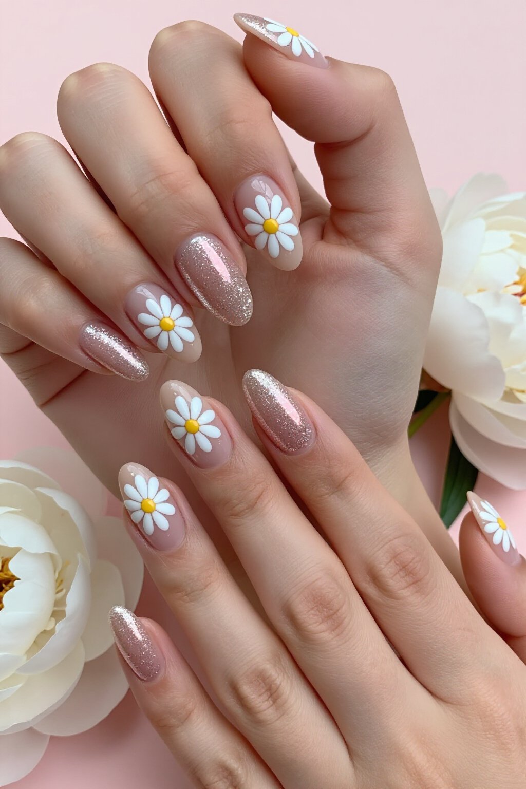 Delicate Daisy Florals on Milky Nude Almond Glitter Nails - nude almond glitter nails