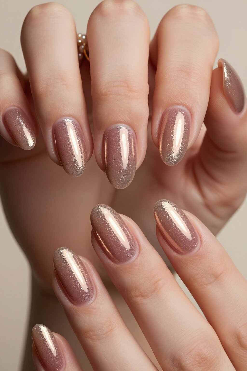 Full Liquid Chrome Nude Almond Glitter Nails: Metallic Reflections - nude almond glitter nails