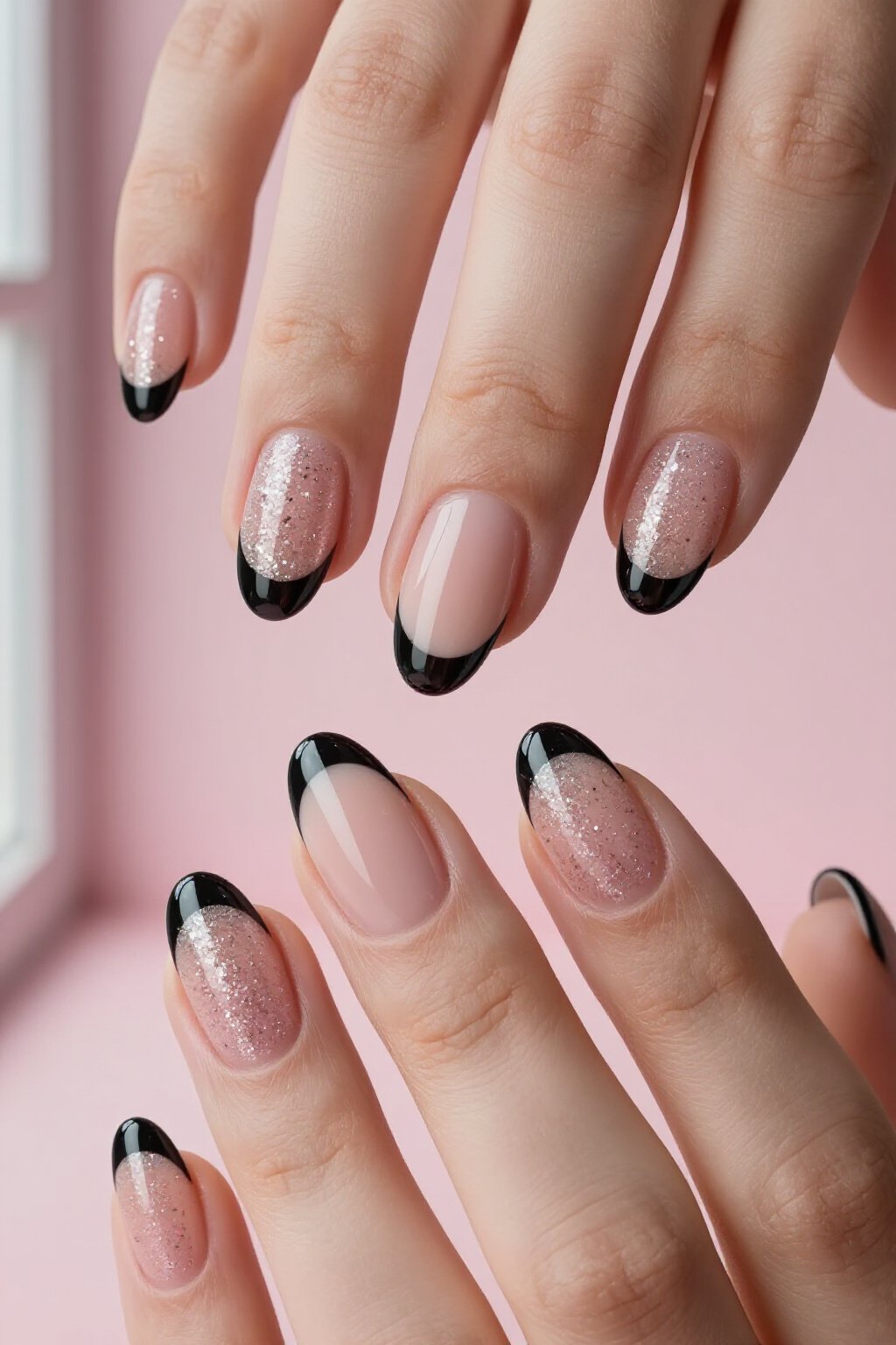 Bold Double French Tip Nude Almond Glitter Nails - nude almond glitter nails