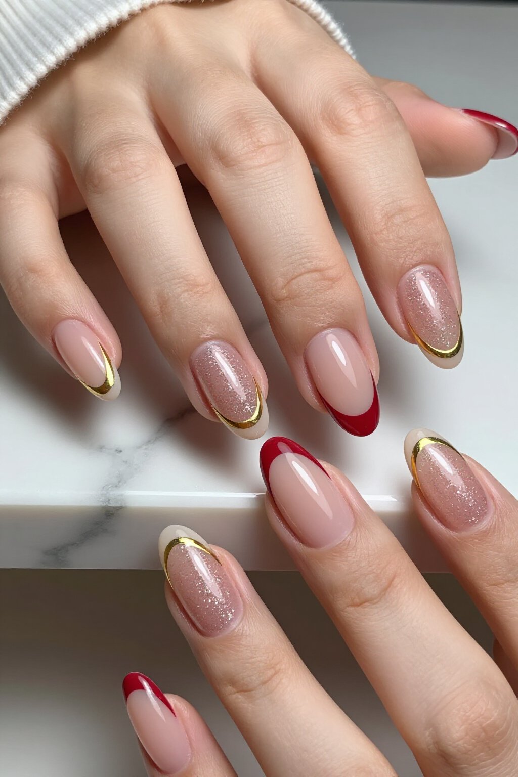 Negative Space Nude Almond Glitter Nails with Bold Color Block - nude almond glitter nails