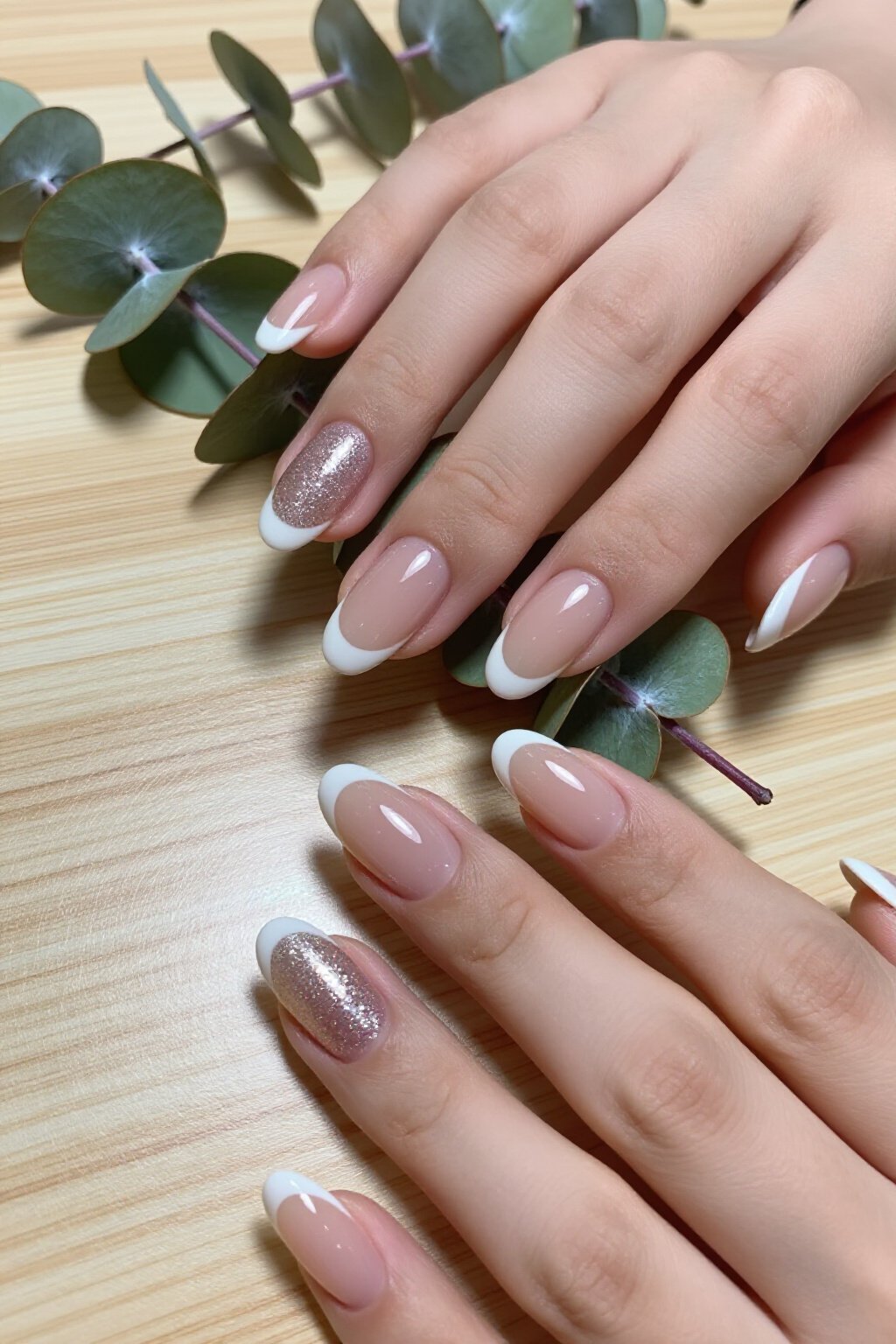 Crisp Bold French Tip Nude Almond Glitter Nails: Sheer Base - nude almond glitter nails