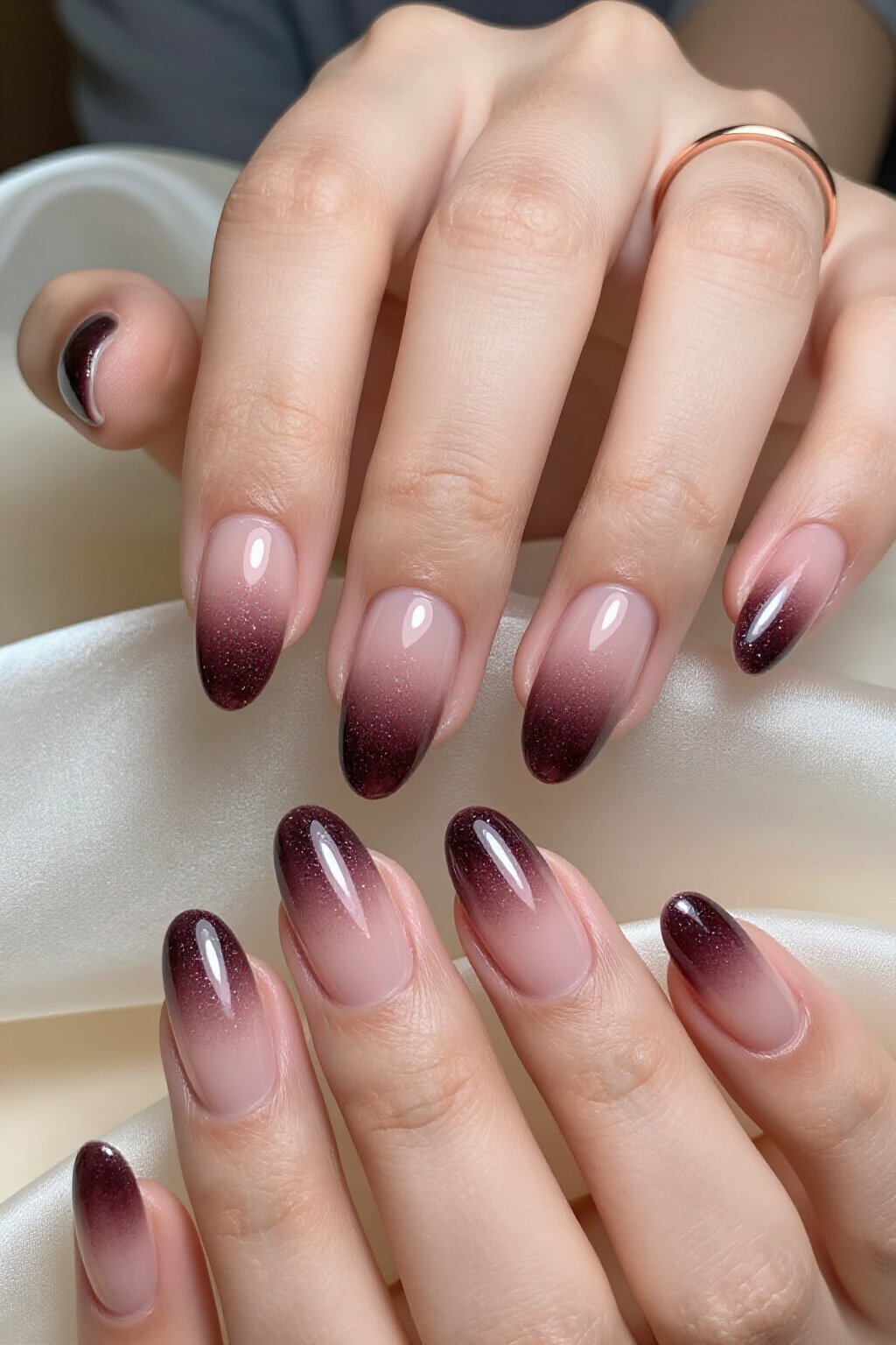 Dramatic Ombre Nude Almond Glitter Nails: Sheer to Deep - nude almond glitter nails