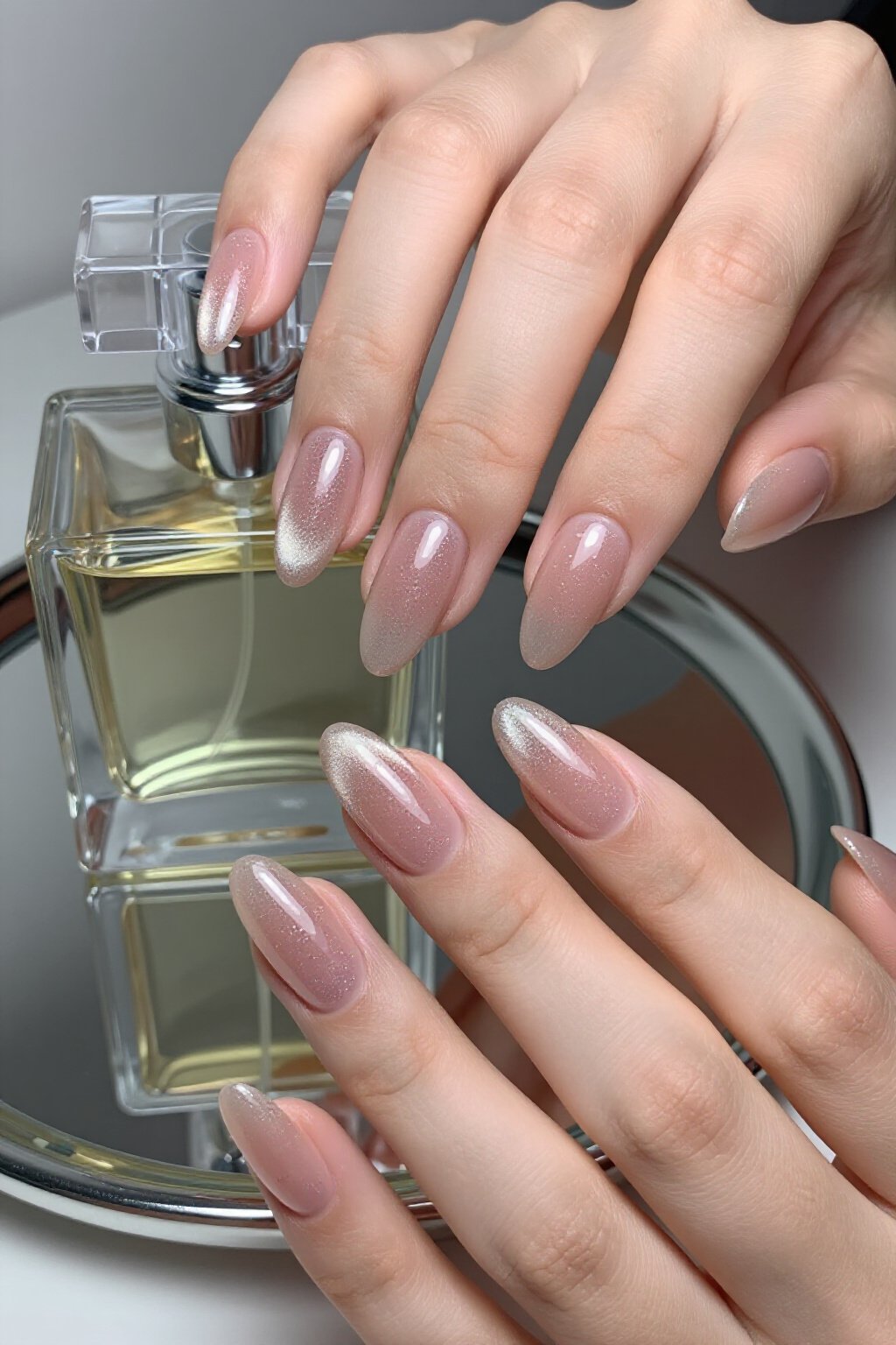 Cat-Eye Magnetic Shimmer Streak Nude Almond Glitter Nails - nude almond glitter nails