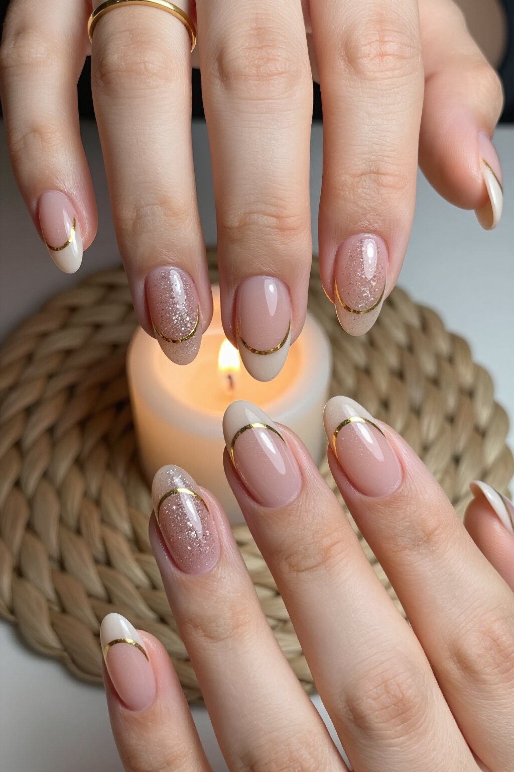 Chic Diagonal Color-Blocked Nude Almond Glitter Nails with Gold Line - nude almond glitter nails Chic Diagonal Color-Blocked Nude Almond Glitter Nails with Gold Line - nude almond glitter nails