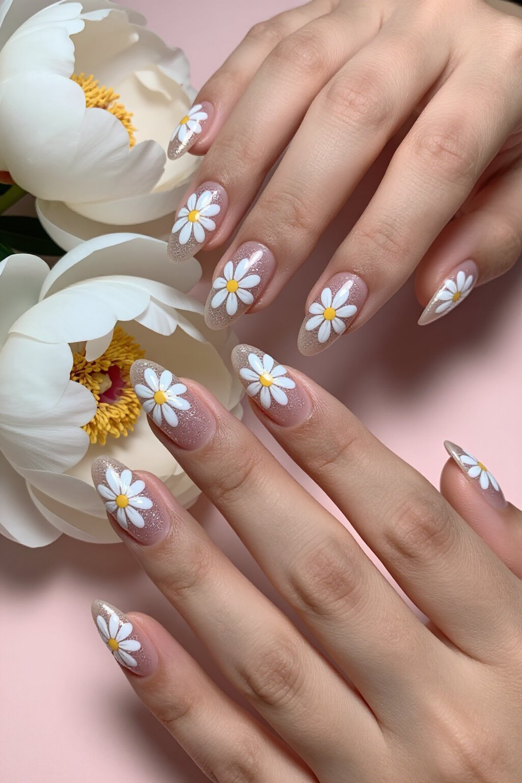 Delicate Daisy Florals on Nude Almond Glitter Nails - nude almond glitter nails Delicate Daisy Florals on Nude Almond Glitter Nails - nude almond glitter nails
