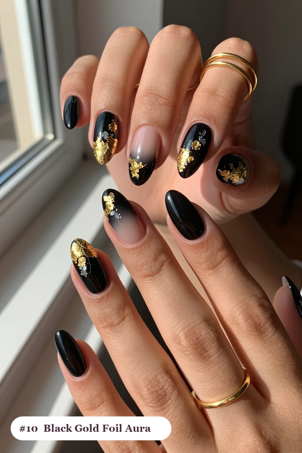 Gold Foil and Leaf Accents - black almond aura nails