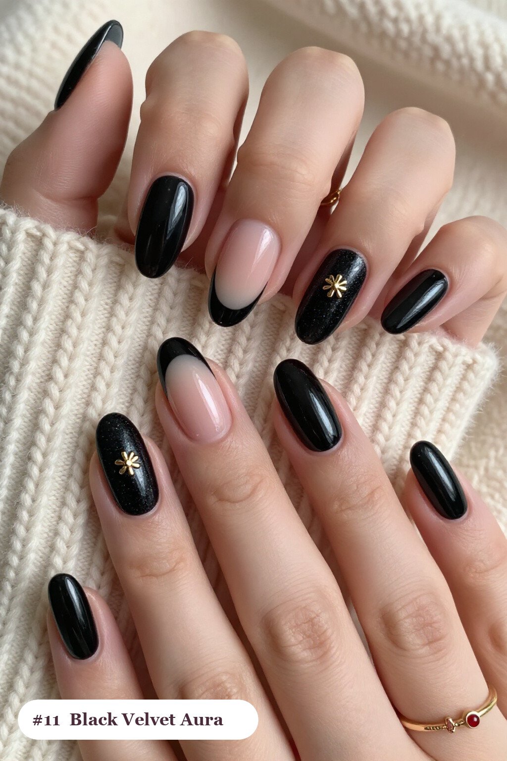 Velvet Shimmer with Glossy Charm Accent - black almond aura nails