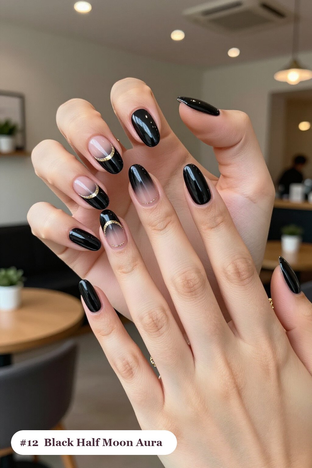 Half-Moon Aura Nails with Glitter Crescent - black almond aura nails
