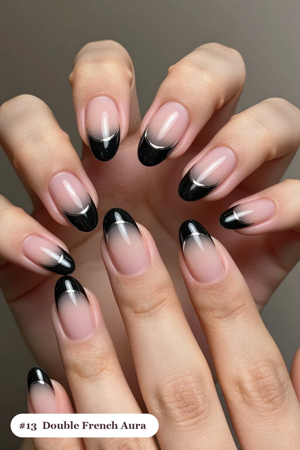 Dual-Tone French Tips on Black Aura - black almond aura nails